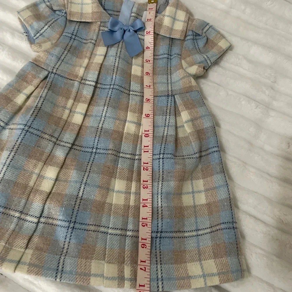 Chickeeduck Classic Plaid Bow-Accent Kids Dress in Blue and Cream